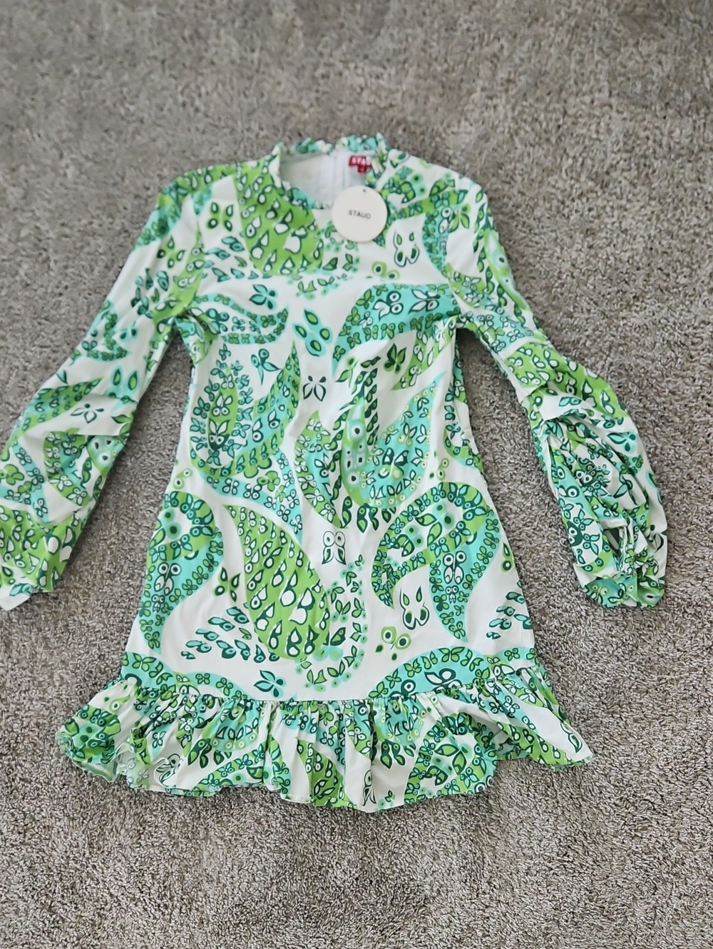 Nwt STAUD Green Paisley Ruffle Hem Dress 4 Boho Mini